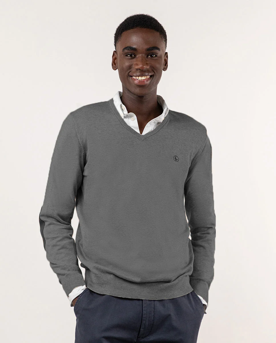 Jersey Cuello Pico Coderas Gris Melange - Imagen 6