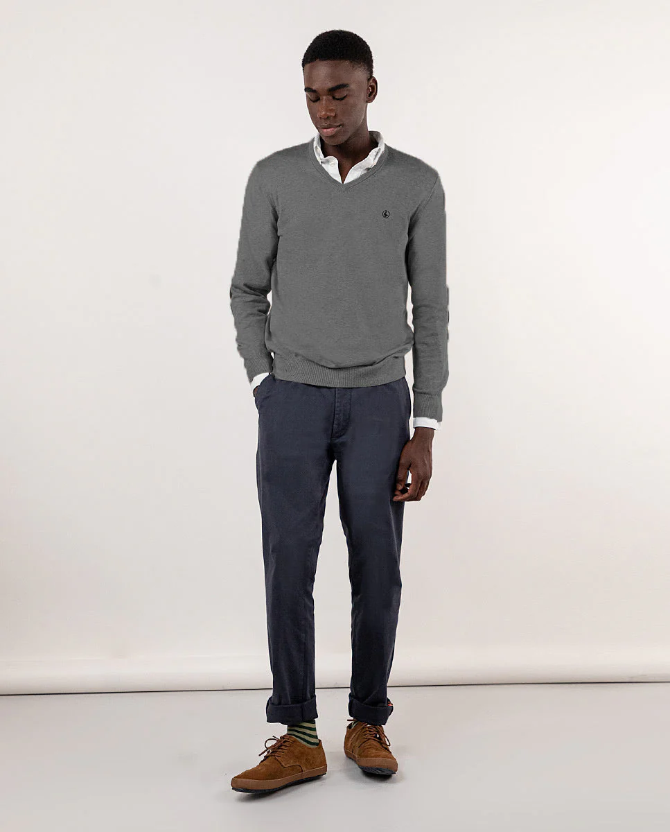 Jersey Cuello Pico Coderas Gris Melange