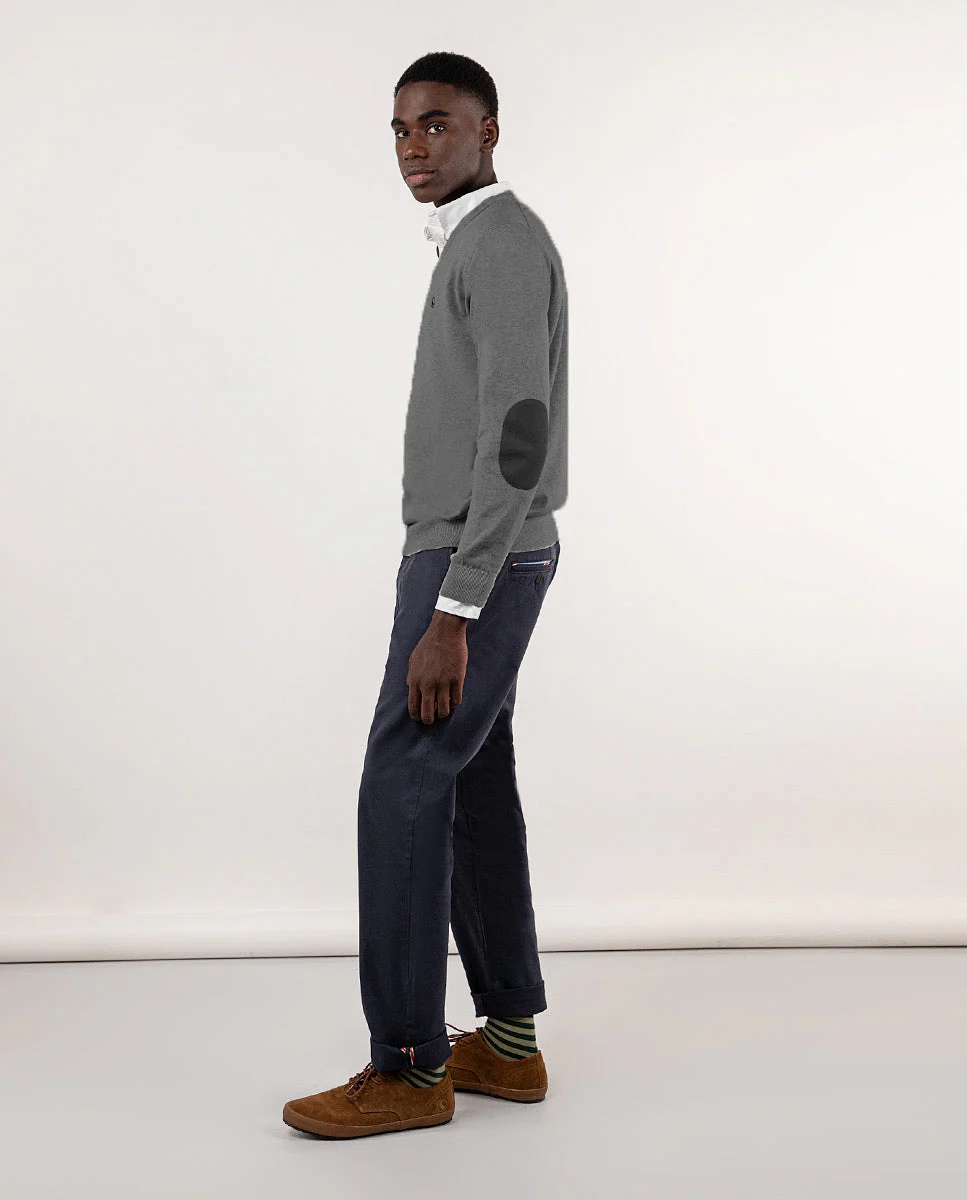 Jersey Cuello Pico Coderas Gris Melange - Imagen 4