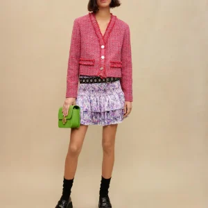 Falda corta con estampado floral y volantes en morado