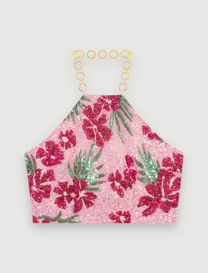 Top corto de lentejuelas con hibisco - Imagen 5