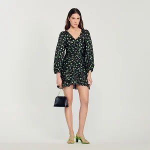 Vestido corto fruncido, estampado floral