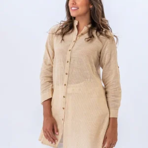 Camisa Larga a Rayas Finas Mostaza